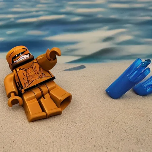 Image similar to Chewbacca on holiday, relaxing on the beach, minifigure, hyperrealistic, photos, Flickr