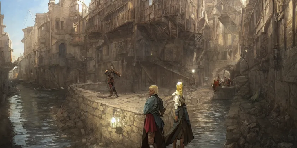 Image similar to empty medieval port town sewers are clogged with silt and debris, pokemon sword and sheild, bright future, social realism, highly detailed, digital painting, artstation, concept art, matte, sharp focus, illustration, art by artgerm and greg rutkowski and alphonse mucha