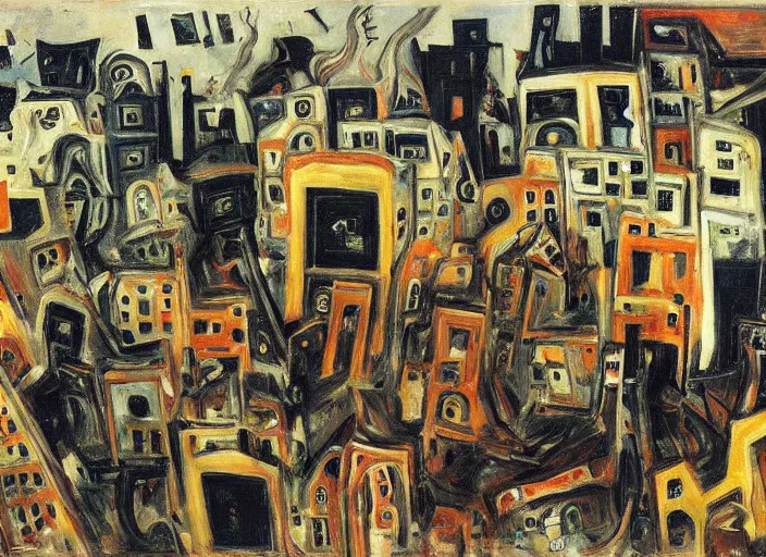 Image similar to a cityscape of chaos, houses, trees and hell in style of Chaim Soutine and Frank Auerbach and Bosch