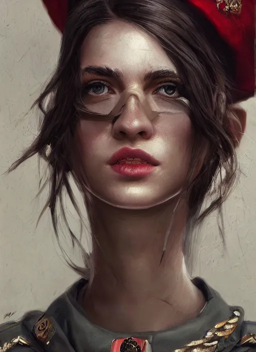 Image similar to female soldier portrait painting by WLOP, game, expensive dress, highly detailed, harper's bazaar, vogue, magazine, fashion, concept art, ornate, luxury, elite, elegant, trending on artstation ,