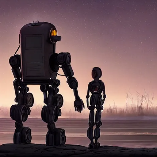 Image similar to Beautiful cinematic scene of a couple of two damaged and broken humanoid robots standing near a river, at night, peaceful, science fiction, award-winning, cinematic lighting, insanely detailed, very realistic, Artstation, Cgsociety, by Simon Stalenhag, directed by Denis Villeneuve, filmic