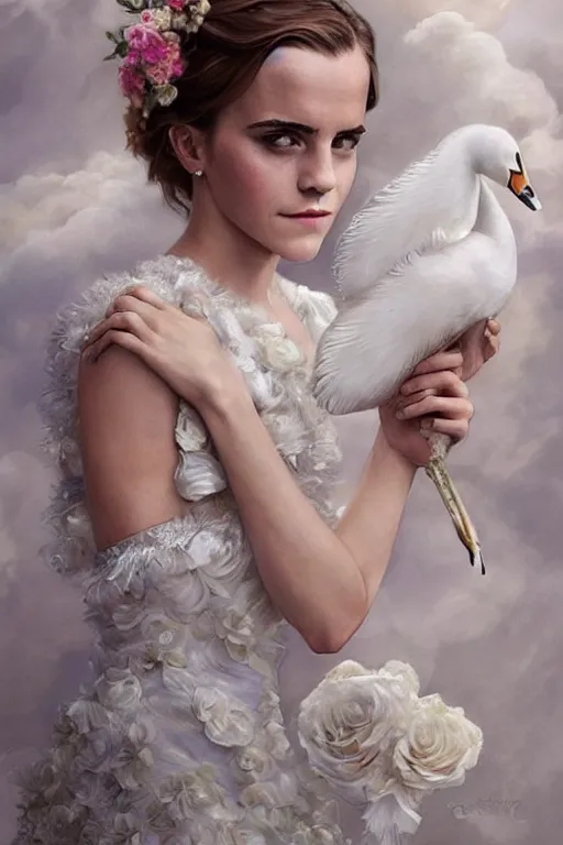 Image similar to Emma Watson in a decorated dress made of white and cream colored roses, holding a realistic and detailed white swan in her arms, highly detailed, digital painting, Trending on artstation , HD quality, by artgerm and greg rutkowski and alphonse mucha, dramatic light, octane