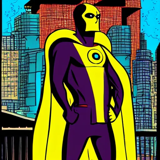 Prompt: Nite-Owl from Watchmen standing in an alleyway with his arms crossed and his cape blowing in the wind, in the style of Bruce Timm, Bruce Timm art, Bruce Timm artwork