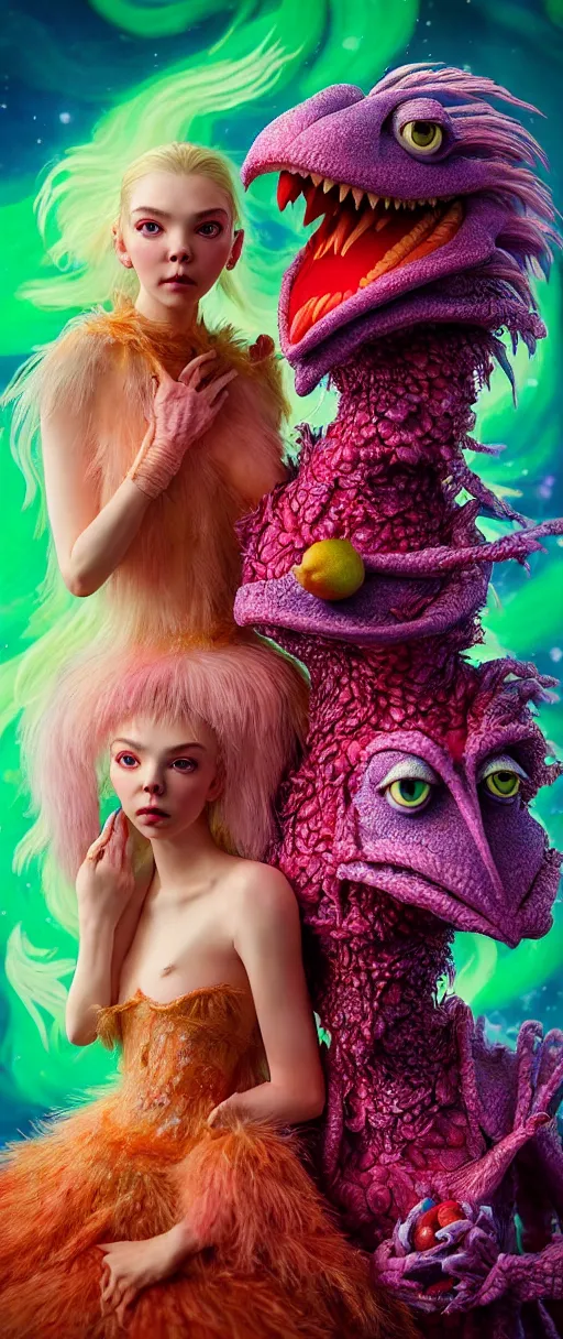 Image similar to hyper detailed 3d render like a Oil painting - kawaii portrait of two Aurora (a beautiful skeksis muppet fae princess protective playful from dark crystal that looks like Anya Taylor-Joy) seen red carpet photoshoot in UVIVF posing in scaly dress to Eat of the Strangling network of yellowcake aerochrome and milky Fruit and His delicate Hands hold of gossamer polyp blossoms bring iridescent fungal flowers whose spores black the foolish stars by Jacek Yerka, Ilya Kuvshinov, Mariusz Lewandowski, Houdini algorithmic generative render, Abstract brush strokes, Masterpiece, Edward Hopper and James Gilleard, Zdzislaw Beksinski, Mark Ryden, Wolfgang Lettl, hints of Yayoi Kasuma and Dr. Seuss, octane render, 8k