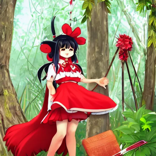 Image similar to a medibang of reimu in the jungle wearing bonnet