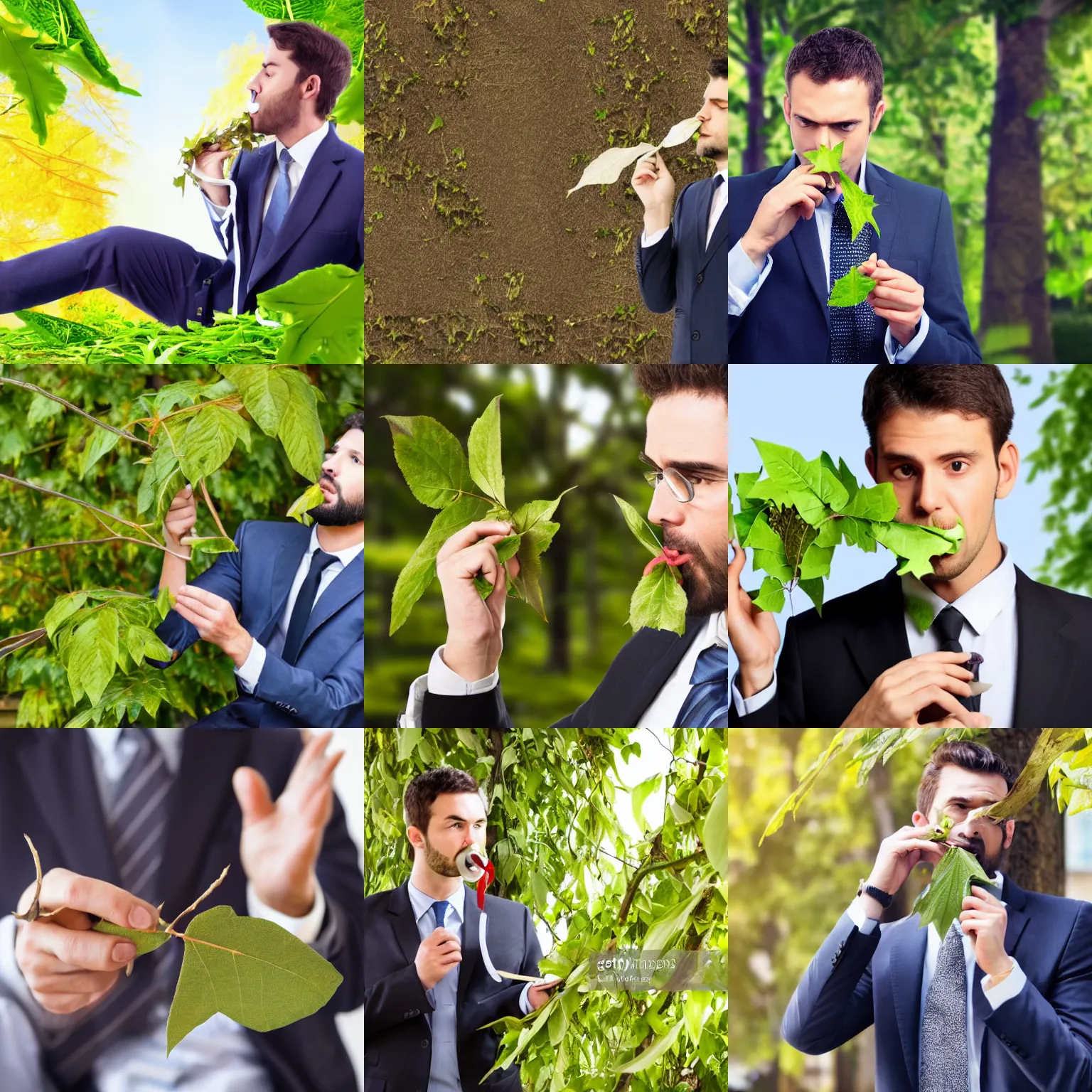 Prompt: a stock photo of a man in an office suit chewing the leaves on a tree. professional 4 k photo, close up, blurred background, shutterstock.