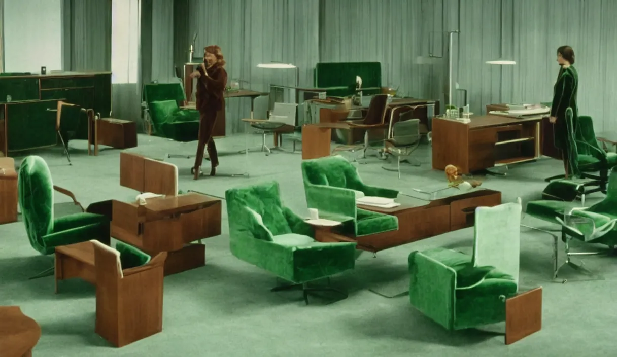 Image similar to a still of severance series indoor 7 0 s green velvet and wood with metal furniture office scenario appearing in a film of jacques tati