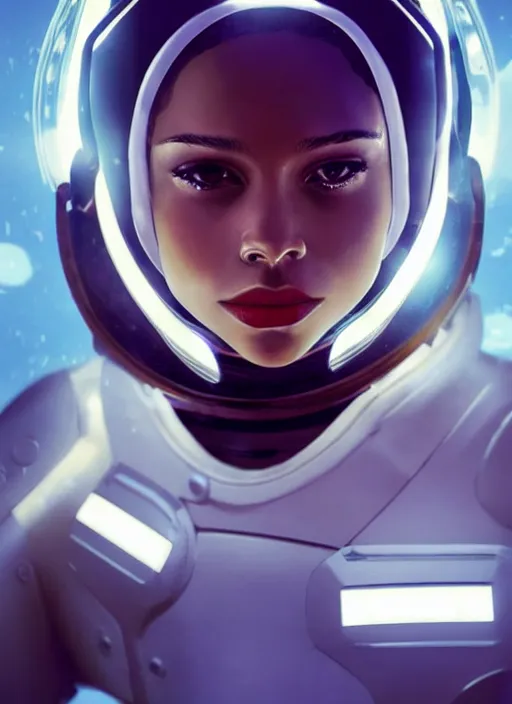 Image similar to Zoe Kravitz with short hair as a futuristic astronaut, helmet with led lights, underwater in the ocean at night, clear water, volumetric lighting, glowing lights, 4k, octane, underwater photography, artstation, concept art, sharp focus, wide angle view,