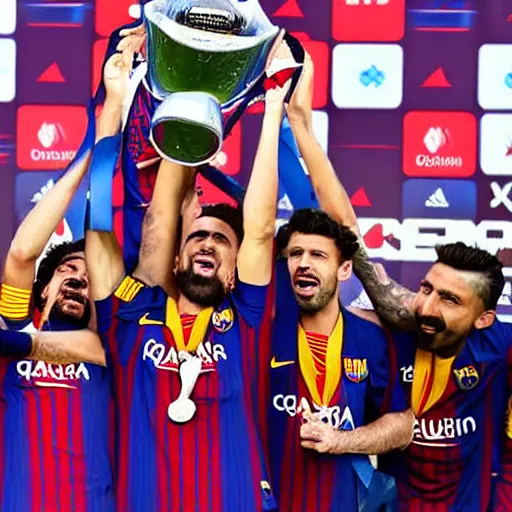 Image similar to fc barcelona team raising a lever as a trophy