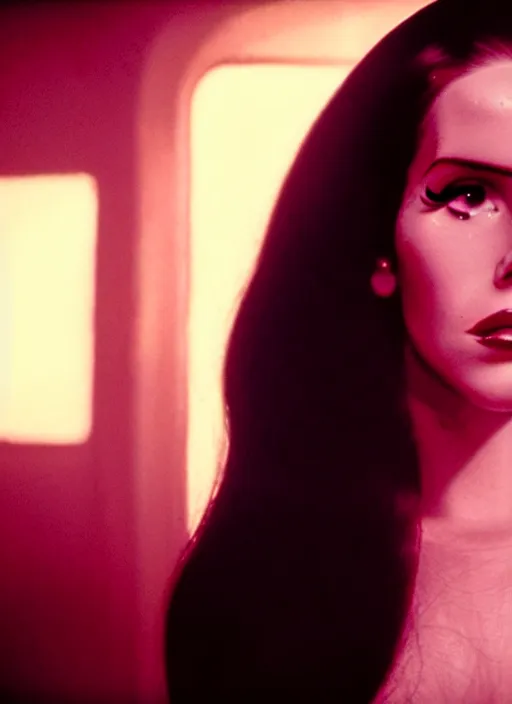 Prompt: movie still of a lana del rey with an alien facehugger on her face, cinematic.