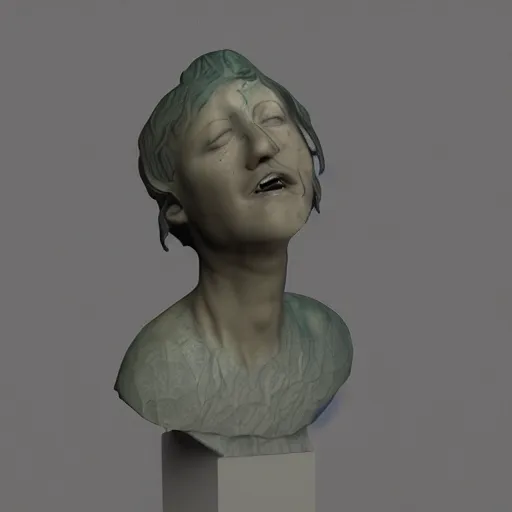 Prompt: bust sculpture of crying female, foliage fractal displacement projected and fading out into waves, clay render