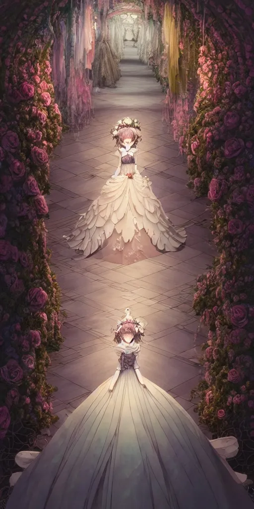 Image similar to the beautiful hyperdetailed physical rendering of a single rose wedding gothic lolita dress clothing design display in exhibition hall, perfectly shaded, atmospheric lighting, in the style of makoto shinkai victo ngai and peter mohrbacher studio ghibli artgerm stanley artgerm lau wlop rossdraws beeple, surrealistic style, 8 k hd, 3 drender