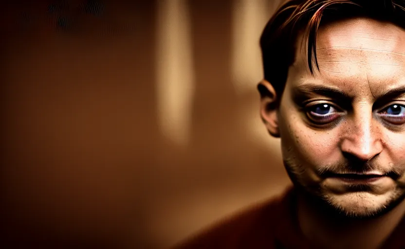 Image similar to photographic portrait of Tobey Maguire, closeup, foggy, sepia, moody, dream-like, sigma 85mm f/1.4, 15mm, 35mm, 4k, high resolution, 4k, 8k, hd, full color