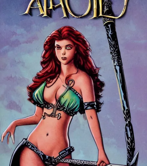 Prompt: 1 9 8 0 s fantasy novel book cover, amazonian ariel winter in extremely tight bikini armor wielding a cartoonishly large sword, exaggerated body features, dark and smoky background, low quality print