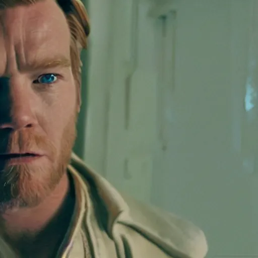 Image similar to film still of old ewan mcgregor as a ghost in star wars, blue ghost, transparent, epic lighting, highley detailled, kodak film