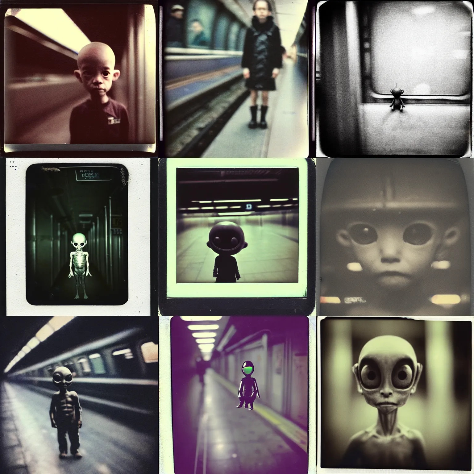 Prompt: an aged polaroid photo of a tiny alien in a new york city subway, gloomy, grainy