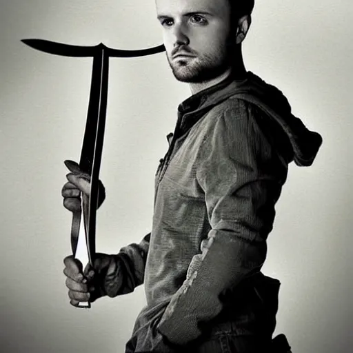 Prompt: Jesse Pinkman holding a sword, awesome photograph