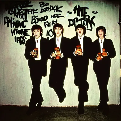 Image similar to The four Beatles drink beer in a 1980s underground club, graffiti on the walls, photo by annie leibovitz, shot on a Mamiya RZ67, 4k