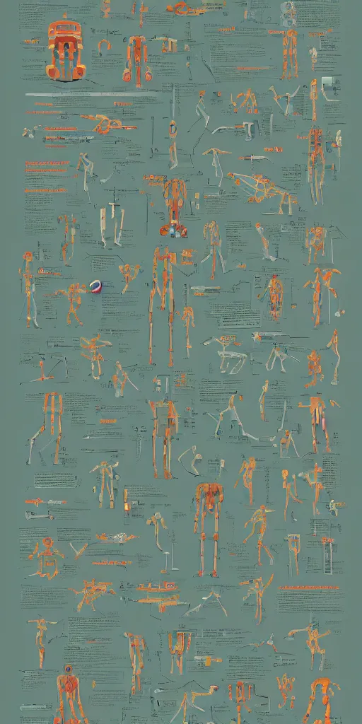 Image similar to anatomy of the terminator, robot, cyborg, t100, diagrams, infographic by Wes Anderson and victo ngai