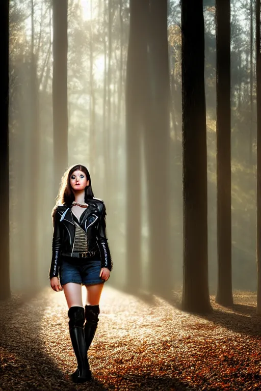 Image similar to hyperrealistic mithra young girl in her 20s intricate knee high black boots and leather jacket in a forest sun behind her concept art eric zener elson peter cinematic blue light low angle hd 8k sharp shallow depth of field