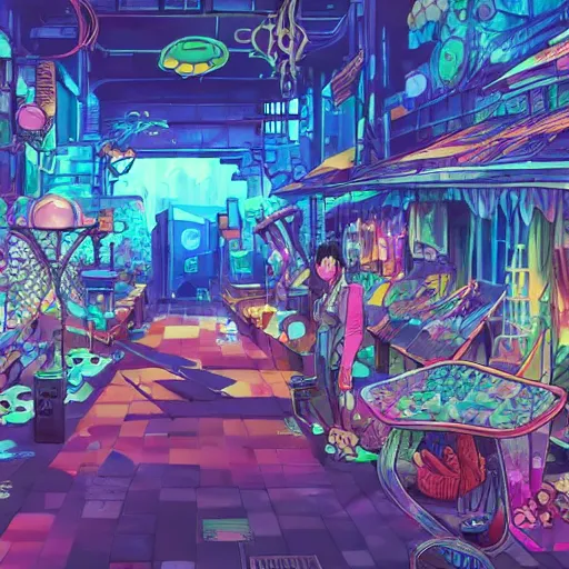 Prompt: anime background of an undersea slums shopping district built from various sea shells and corals, seaweed, light prisms, light diffraction, steampunk, cyberpunk, cool colors, caustics, anime, vhs distortion, inspired by splatoon by nintendo, art created by miyazaki studio ghibli