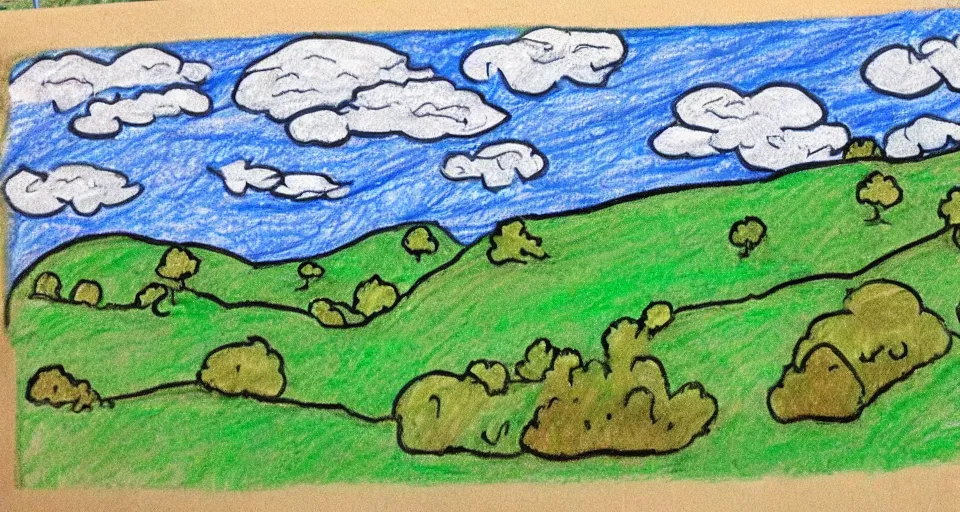 Image similar to Poorly drawn mspaint art piece of rolling hills. Terrible awful ugly unskilled amateurish boring lazy uncoordinated sloppy.