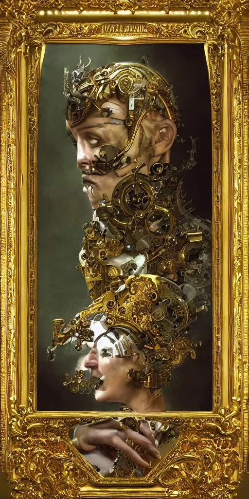 Prompt: ultra realistic illustration, victorian male puppet character made of mechanical gold and brass parts, with a green cloak, staring directly into camera, ornate, engraved, intricate, elegant, highly detailed, digital painting, artstation, concept art, smooth, sharp focus, illustration, art by michael kutsche, peter mohrbacher, alphonse mucha, artgerm and greg rutkowski