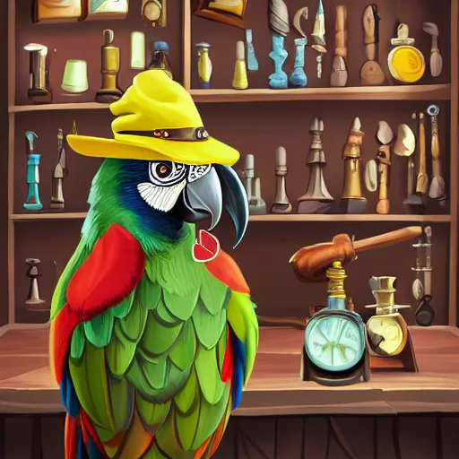 Image similar to Anthropomorphized parrot trader in his shop, medium shot, hands on counter, items, weapons, magic potions, trinkets, carpet, lamps, window, fancy hat, warm light, sly expression, cunning expression, cute expression, long thick shiny black beak, D&D, fantasy, cinematic lighting, highly detailed, digital painting, artstation, concept art, smooth, sharp focus, illustration, warm light, cozy warm tint, strong colours, magic the gathering artwork, volumetric lighting, 8k, art by Akihiko Yoshida, Greg Rutkowski