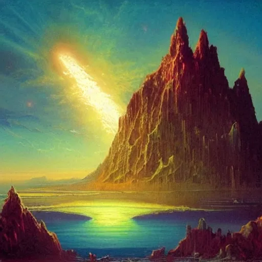 Prompt: a beautiful painting of a gothic castle atop a large volcano island surrounded by oceans illuminated by a star and nebula filled sky by Bruce Pennington and Thomas Cole, trending on artstation