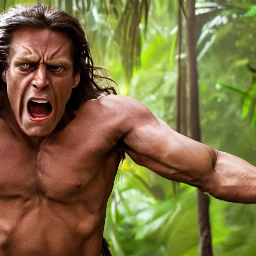 Prompt: Tarzan wearing t shirt and screaming, film still, potrait, Cinematic scene, Hollywood standard , hd , 8k, focus detailed, best ai image, studio lighting,movie