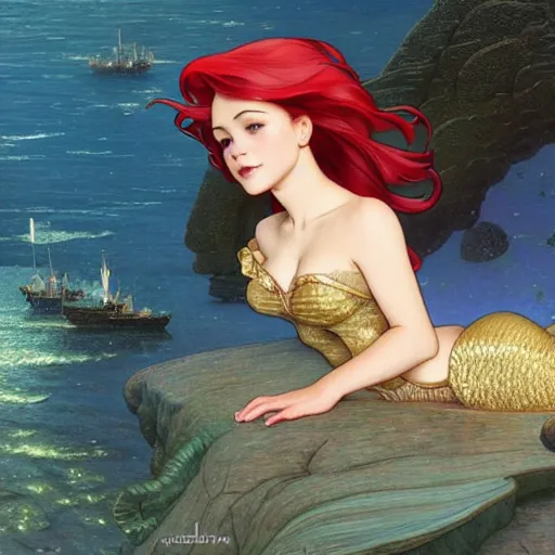 Image similar to Ariel in The Little Mermaid, highly detailed, digital painting, artstation, concept art, smooth, sharp focus, illustration, ArtStation, art by artgerm and greg rutkowski and alphonse mucha and J. C. Leyendecker and Edmund Blair Leighton and Katsuhiro Otomo and Geof Darrow and Phil hale and Ashley wood and Ilya repin and Charlie Bowater