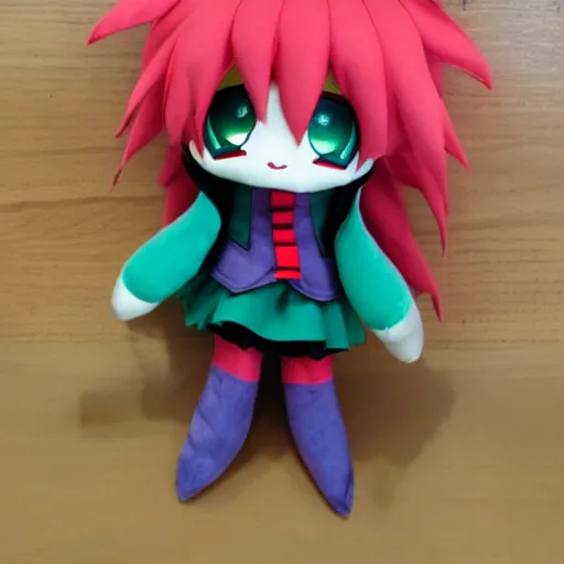 Image similar to cute fumo plush of the party trickster who deals random crits 99% of the time, anime girl