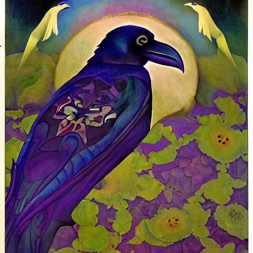 Prompt: the raven gods, by Annie Swynnerton and Nicholas Roerich and Diego Rivera, bioluminescent skin, tattoos, wings made out of flowers, elaborate costume, geometric ornament, symbolist, cool colors like blue and green and violet, smooth, sharp focus, extremely detailed