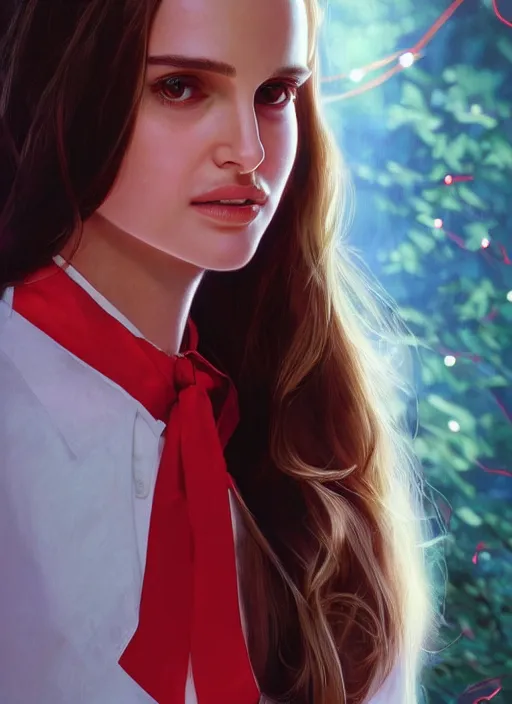 Image similar to portrait of teenage natalie portman, long haircut, flowing dark hair, white shirt, red tie, smiling kindly, forest at background, 1 9 8 0 s, intricate, elegant, glowing lights, highly detailed, digital painting, artstation, concept art, smooth, sharp focus, illustration, art by wlop, mars ravelo and greg rutkowski