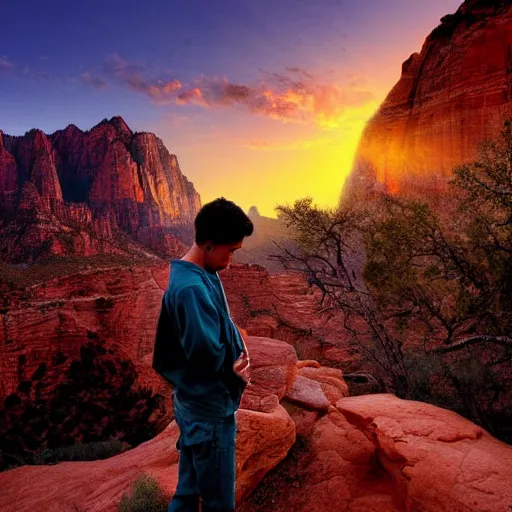 Prompt: award winning cinematic still of teenager boy praying in zion national park, rock formations, colorful sunset, epic, cinematic lighting, dramatic angle, heartwarming drama directed by Steven Spielberg, highly detailed concept art, wallpaper