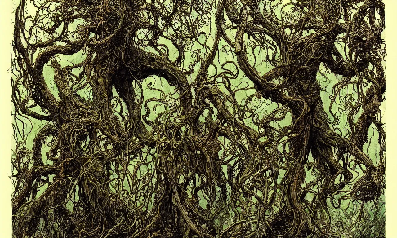 Image similar to hyperdetailed art nouveau portrait of treebeard as cthulhu, by michael whelan, simon bisley, and bill sienkiewicz, grim yet sparkling atmosphere, photorealism, night in the forest, thorns, vines, terror, wild, crazy, scary, horror, lynn varley, lovern kindzierski, steve oliff