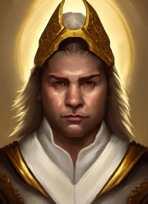 Image similar to symmetry!! oil painting digital art dungeons & dragons facial portrait of a caucasian halfling male cleric, with a ponytail, white robe with gold accents, white and brown robe with gold accents, necklace of a footprint, elegant, highly detailed, digital painting, artstation, concept art, sharp focus, illustration