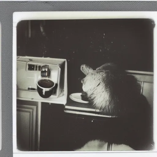 Prompt: a very beautiful old Polaroid picture of a bear drinking coffee inside a coffee shop, award winning photography, damaged