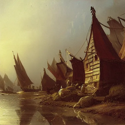 Image similar to detailed painting of a living pod architecture, andreas achenbach