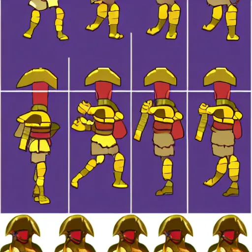 Prompt: spritesheet for the main character of a 2d jump and run, Man with a spear, brass armor