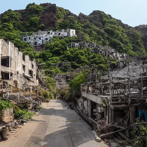 Prompt: View through the streets and upwards of Hashima gradually returning to nature