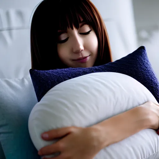 Image similar to cute anime girl hugging a pillow, official media