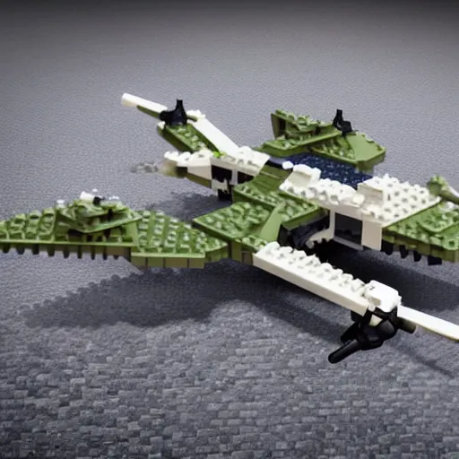 Image similar to a military drone made of legos, realistic photography, high detailed