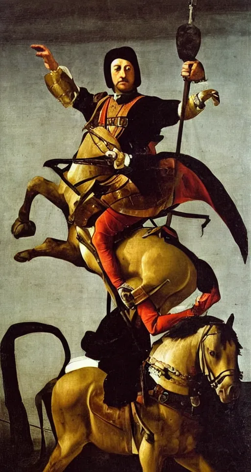 Prompt: a portrait of a Mario Draghi on horse and sword in hand, oil painting in a renaissance style , very detailed, painted by Caravaggio.