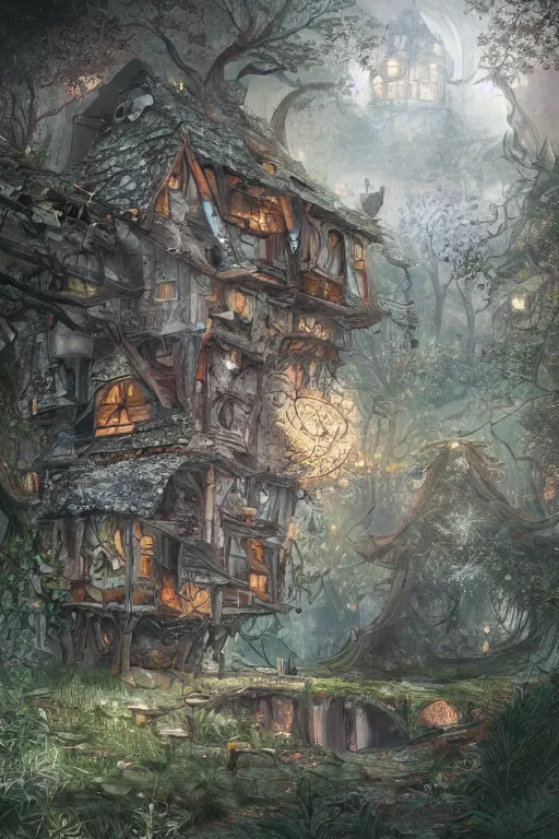 Image similar to a storybook illustration of a ramshackle multistory fairytale hut in the forest, intricate, elegant, fantasy, highly detailed, digital painting, concept art, sharp focus, artstation