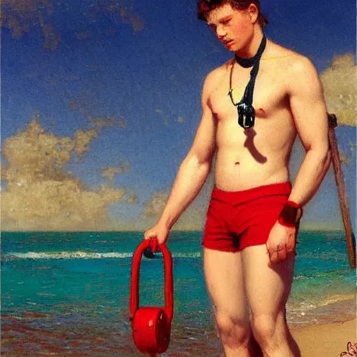 Prompt: “ tom holland as a lifeguard wearing red swimtrunks, whistle hanging from his neck, beach, sunshine painting by gaston bussiere, craig mullins, j. c. leyendecker, tom of finland ”