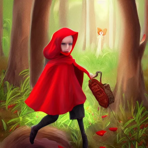 Image similar to little red riding hood is picking mushrooms in the forest digital art,oil painting,trending on artstation.