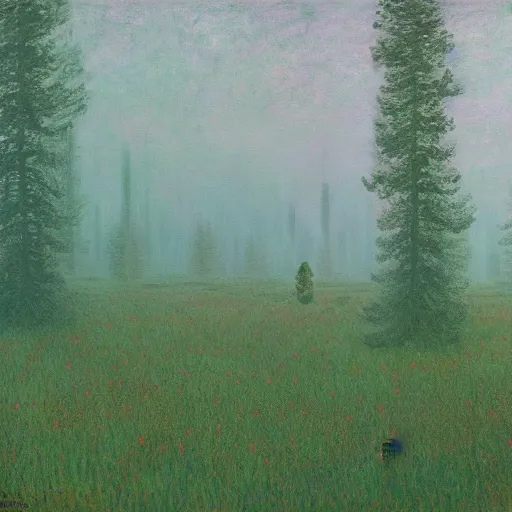 Image similar to A quiet forest by Simon Stålenhag and Claude Monet