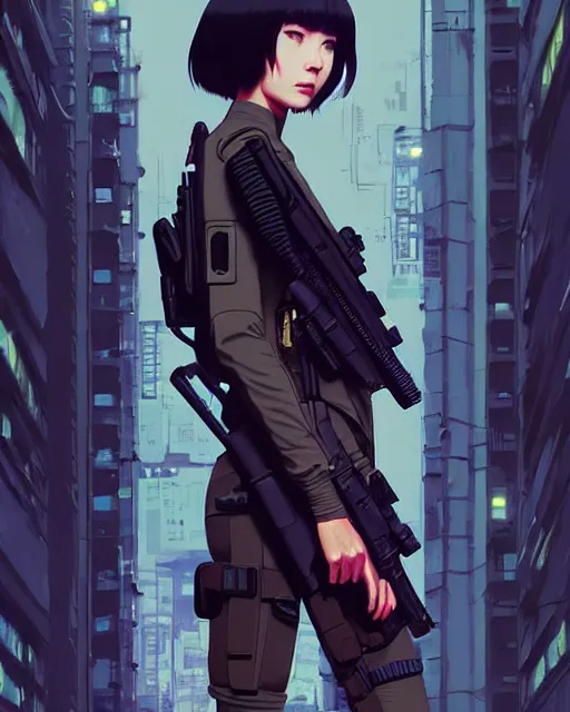 Image similar to girl wearing in tactical gear | | audrey plaza, fine detail!! anime!! realistic shaded lighting!! dramatic!! poster by ilya kuvshinov katsuhiro otomo ghost - in - the - shell, magali villeneuve, artgerm, jeremy lipkin and michael garmash and rob rey