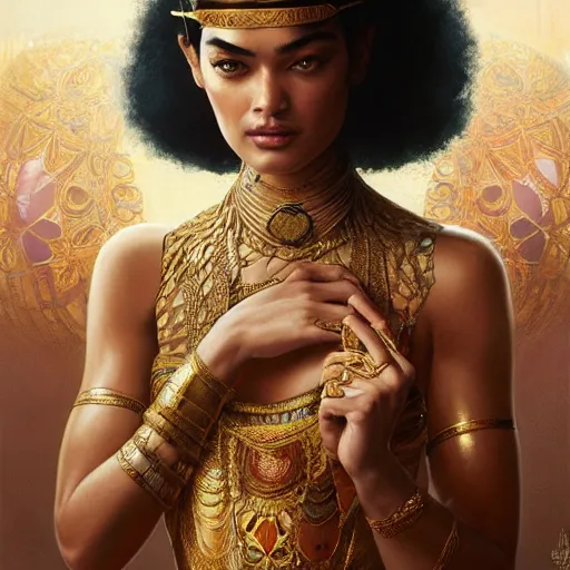 Image similar to Shanina Shaik as Cleopatra, intricate, elegant, highly detailed, digital painting, artstation, concept art, smooth, sharp focus, illustration, art by artgerm and greg rutkowski and alphonse mucha